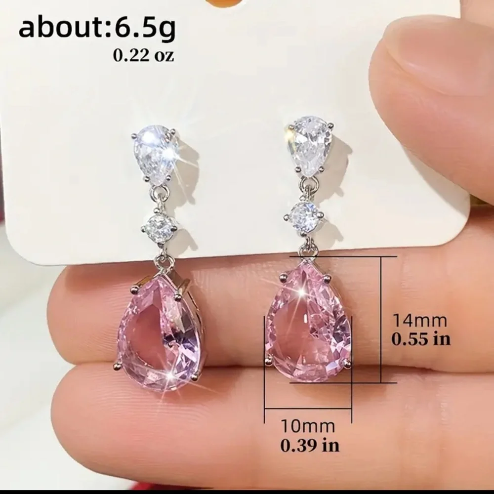 Pink Earrings Cubic Zirconia Pear Shape Rhinestones Luxe Formal Hypoallergenic